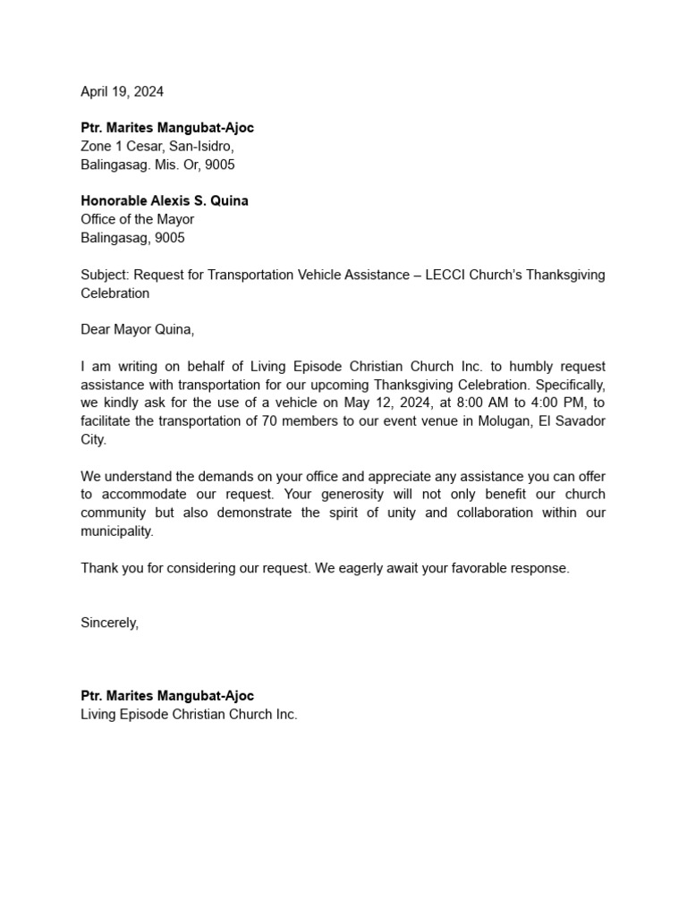 Request Letter Balingasag | PDF | Travel