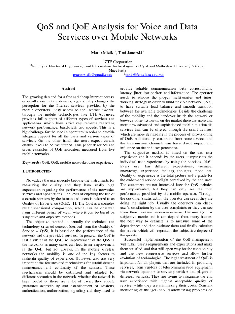 QoS and QoE in Mobile Networks Analysis | PDF | Computer Network ...
