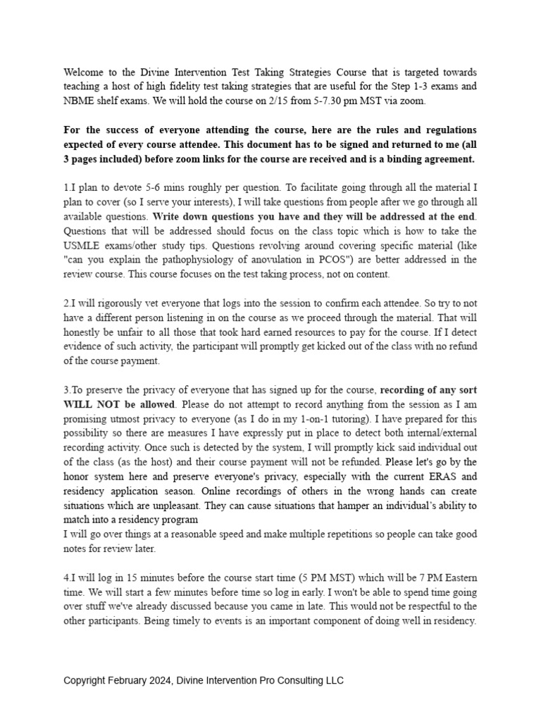 Test taking strategies class enrollment contract pdf fee