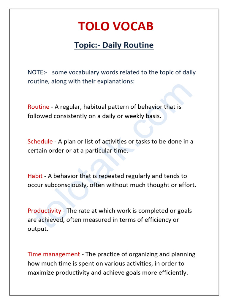 TOLO VOCAB Topic Daily Routine | PDF | Habits | Goal