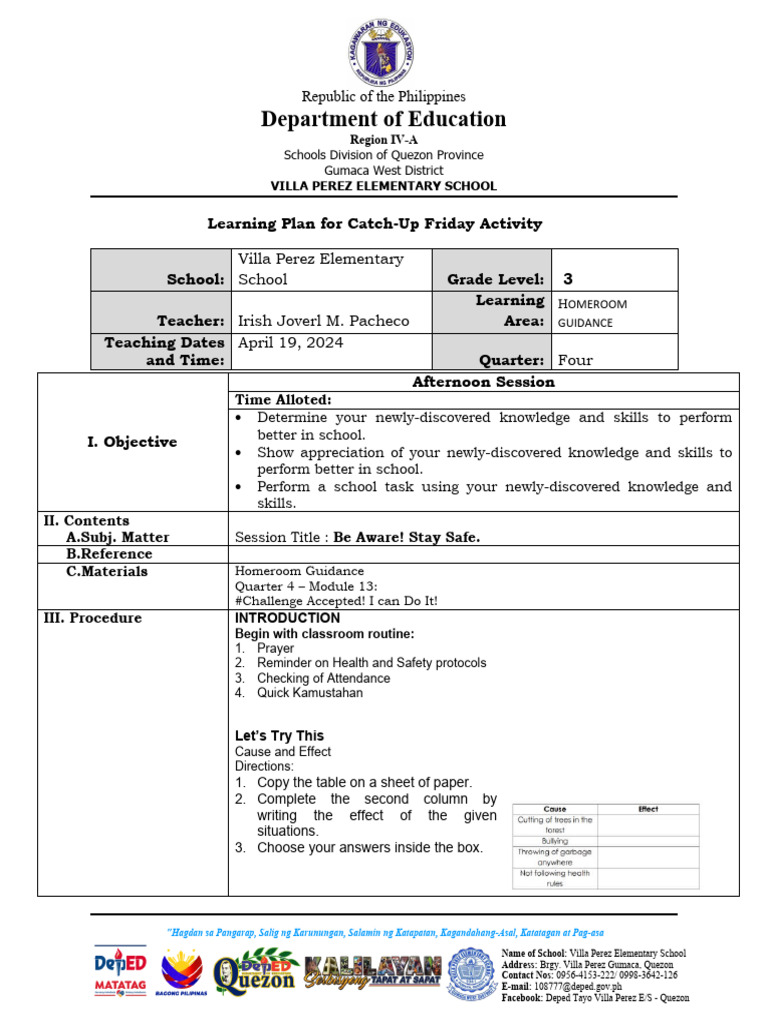 Homeroom Guidance: Stay Safe Activity | PDF | Learning | Behavior ...