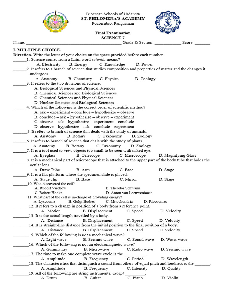 Science 7 Final Exam - Urdaneta Academy | PDF | Waves | Atmosphere Of Earth