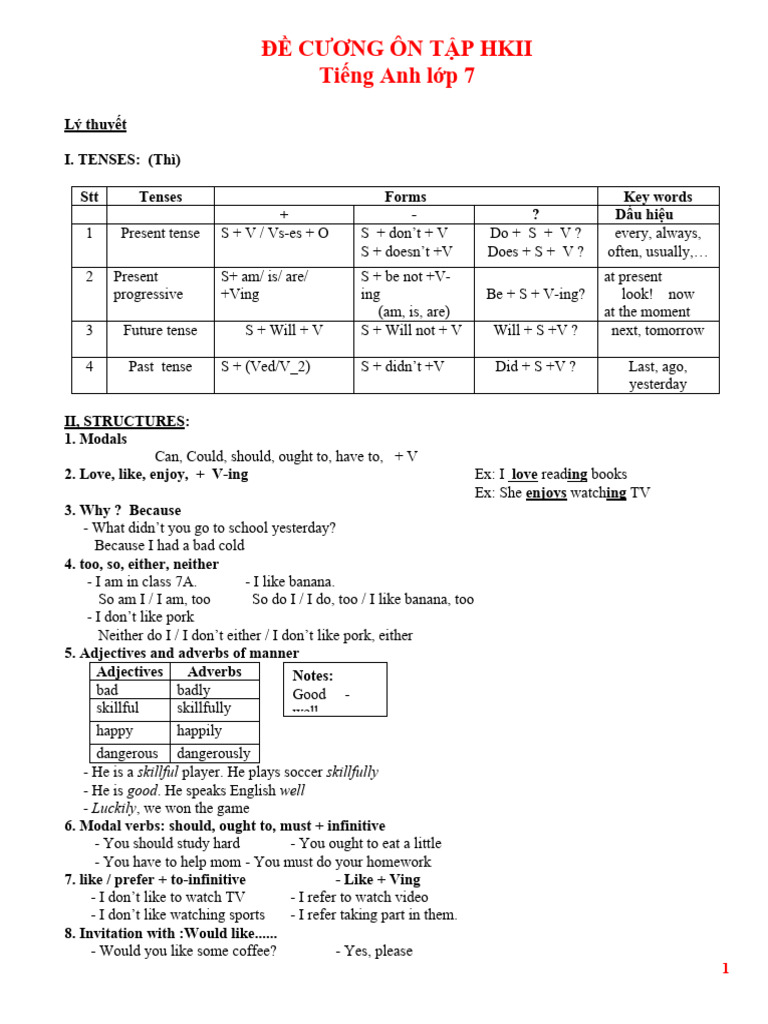 On Tap HKII Tieng Anh Lop 7 Ly Thuyet Bai Tap | PDF | Scuba Diving