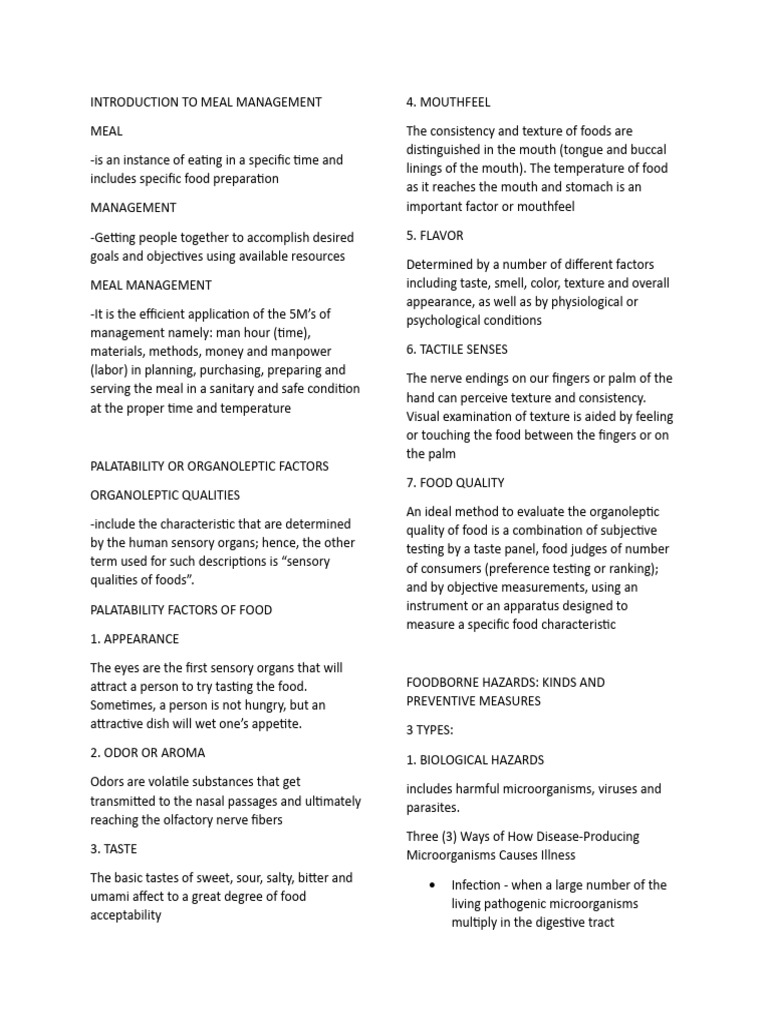Introduction To Meal Management Reviewer Pdf Foods Nutrition