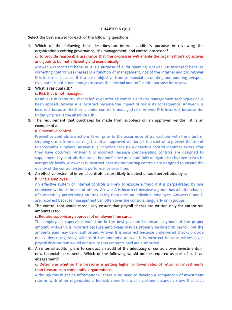 Chapter 6 Internal Control Quiz Answers | PDF | Internal Control ...