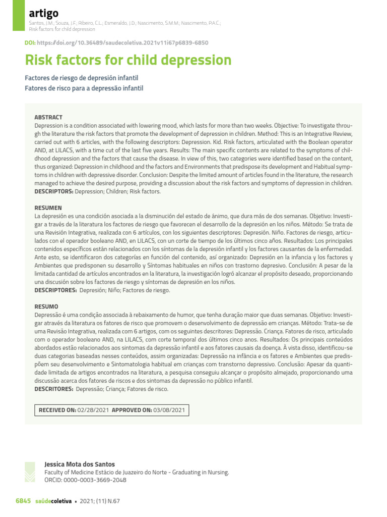 Risk Factors For Child Depression - Santos Et Al 2021 | PDF | Major ...