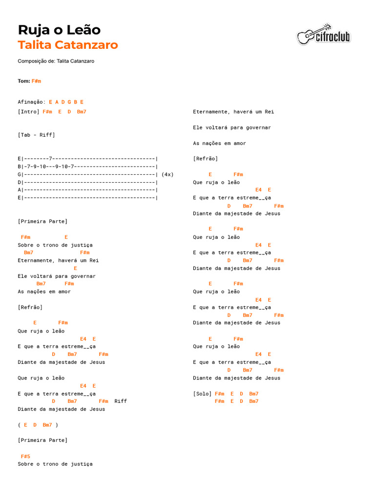 Cifra Club Talita Catanzaro Ruja o Leão PDF