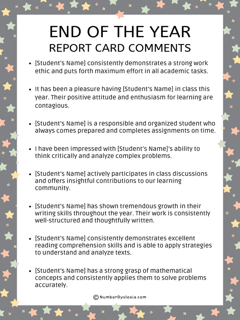 end of the year report card comments for first grade Editable Cards with Common Core Alignment Sample Comments for End of