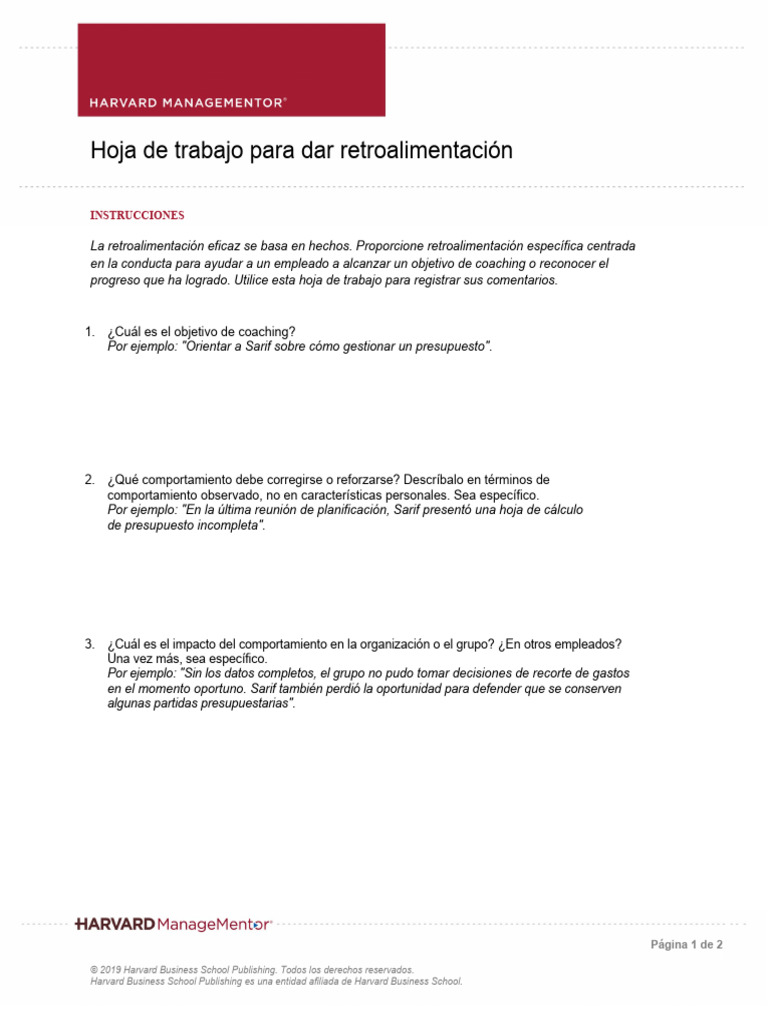 worksheet for giving feedback PDF Presupuesto