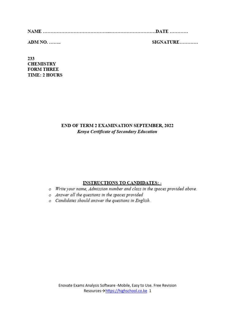Form 3 Chemistry Term 2 Exam 2022 | PDF | Chemical Elements | Chemical ...