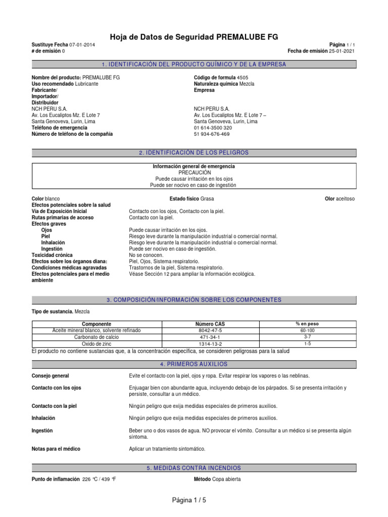 Grasa Premalube FG Hoja de Seguridad PDF Química Sustancias