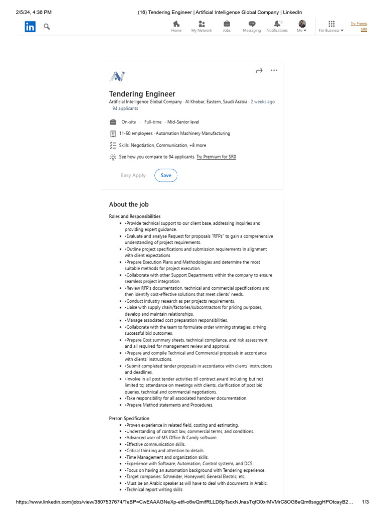 Tendering Engineer - Artificial Intelligence Global Company - LinkedIn ...