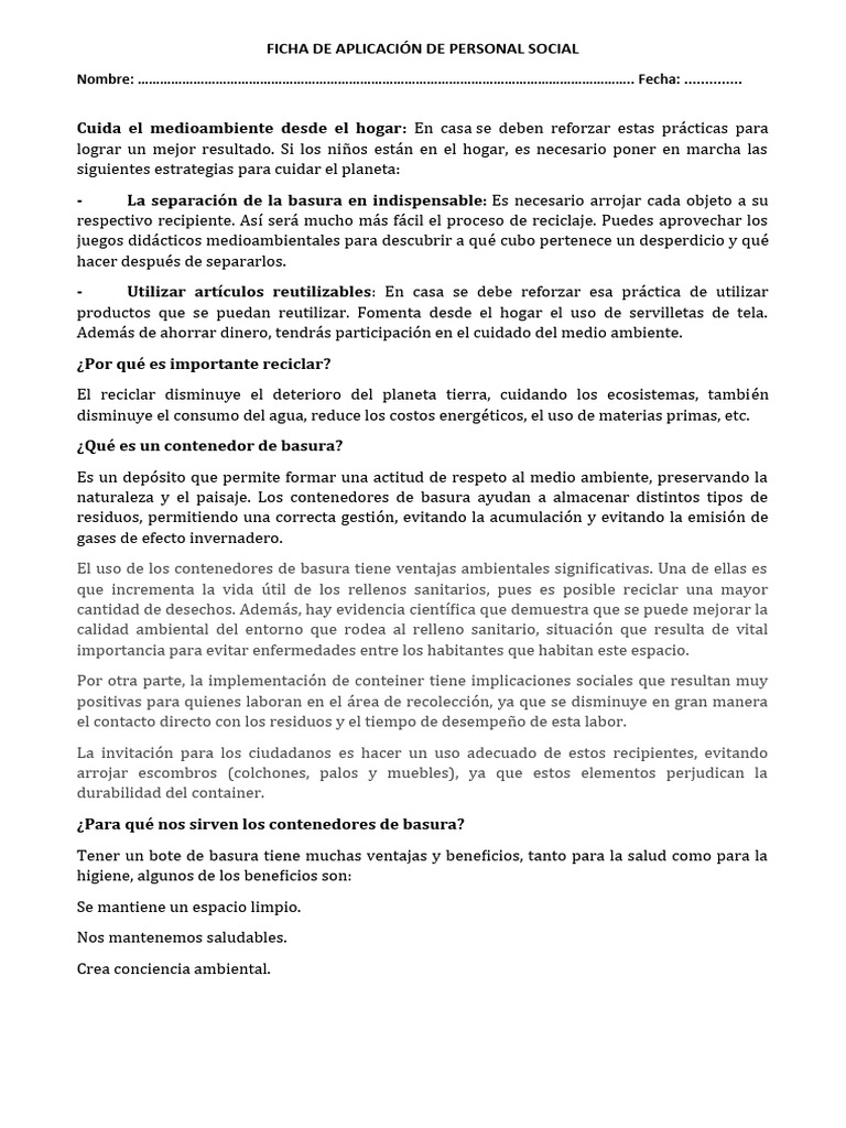 Ficha de Aplicación de Personal Social | PDF | Residuos | Reciclaje