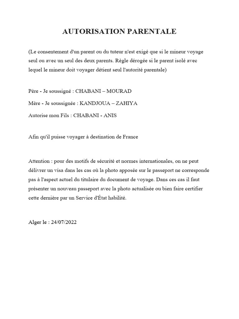 Autorisation Parentale Pour Voyager Autorisation Parentale Voyage à