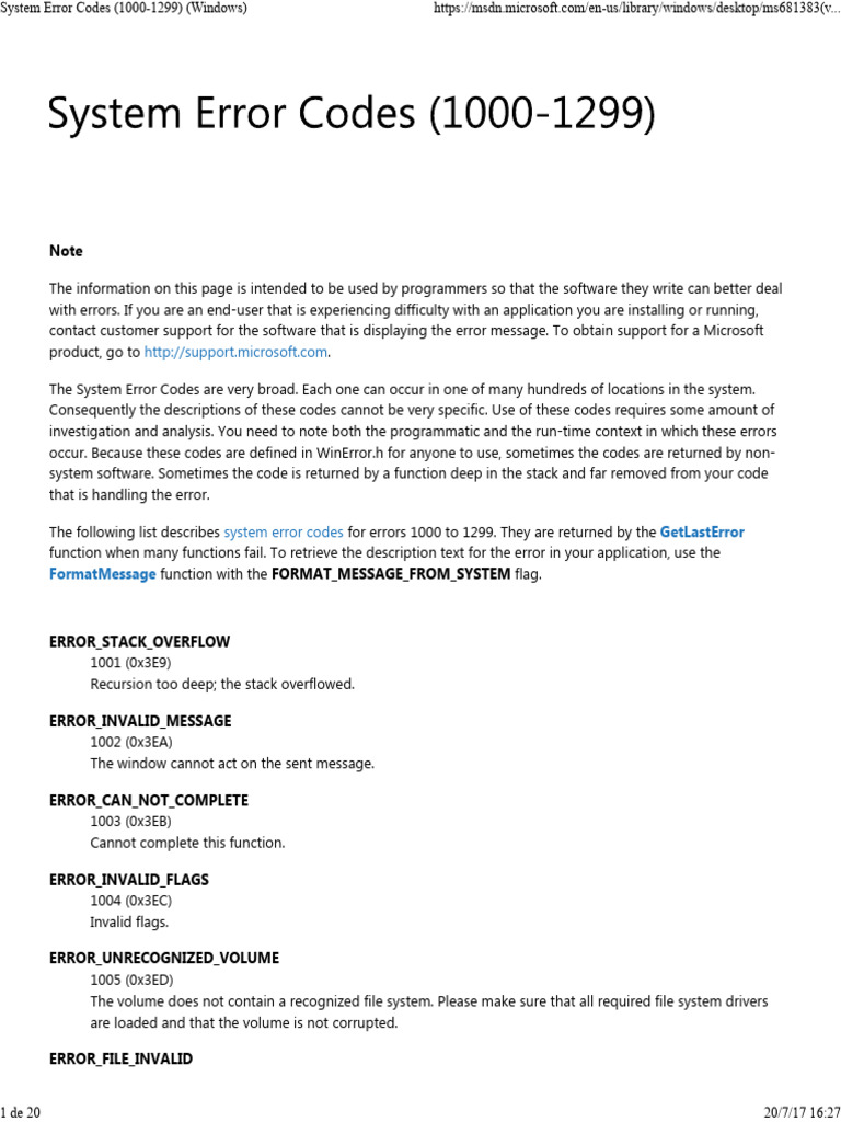 System Error Codes (1000-1299) (Windows) | PDF | Windows Registry ...