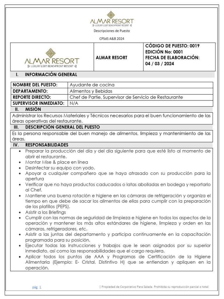 Descripción de Puesto Ayudante de Cocina | PDF | Alimentos