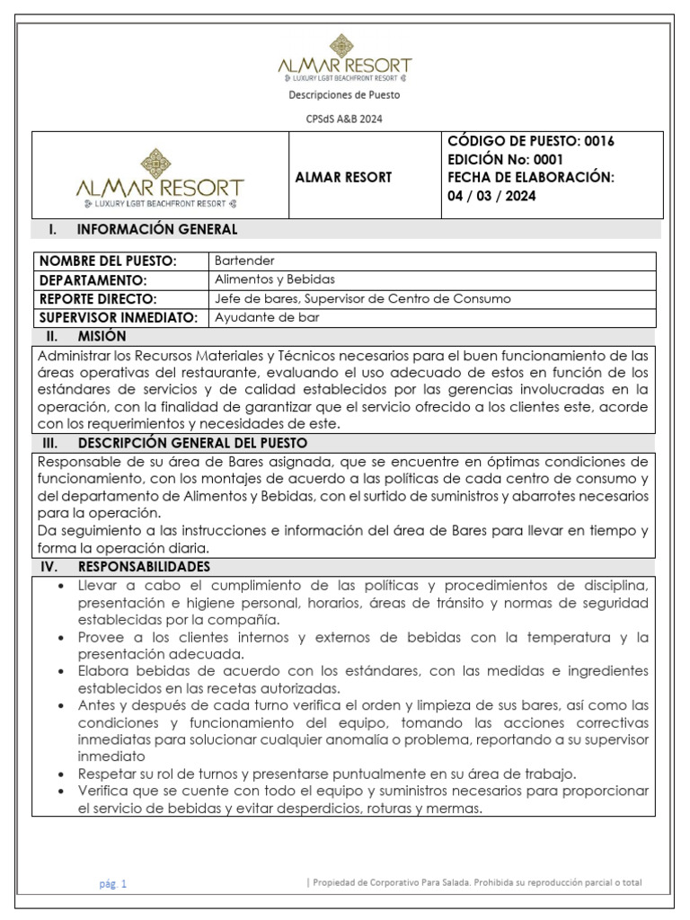 Descripción del Puesto: Bartender 2024 | PDF