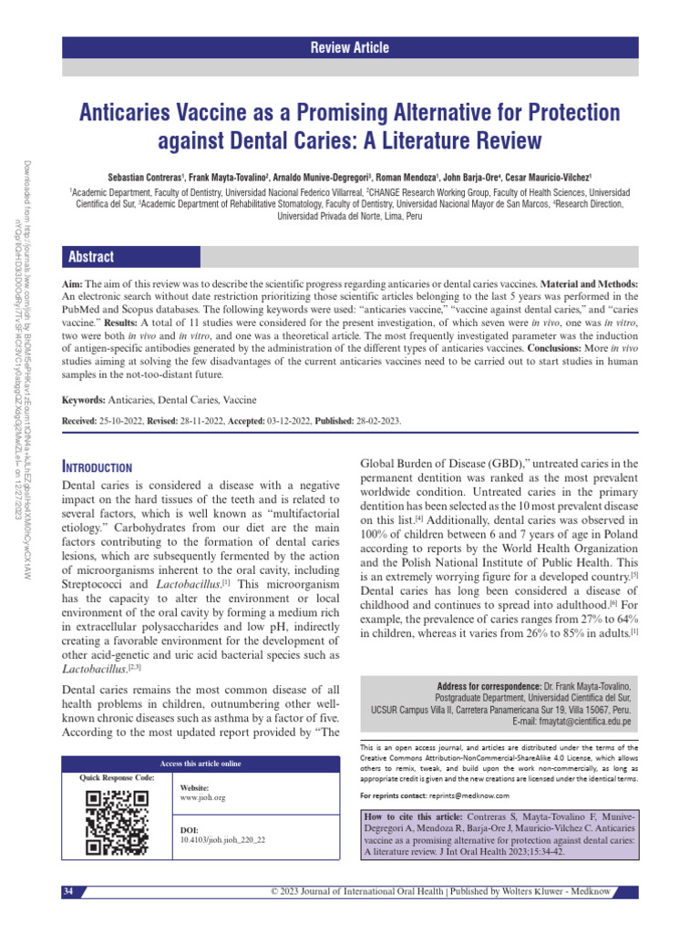 Anticaries Vaccine: A Literature Review | PDF | Vaccines | Immunology