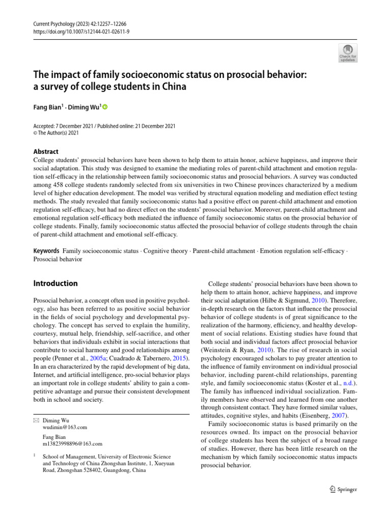 Socioeconomic Status and Prosocial Behavior | PDF | Self Efficacy ...
