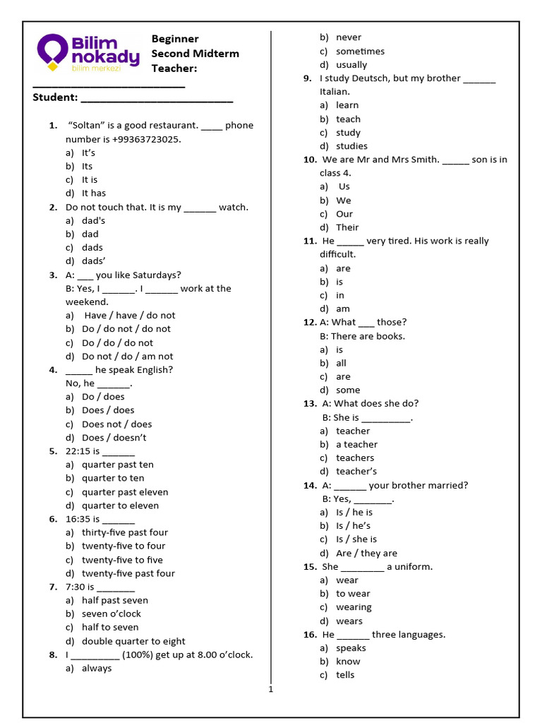 Beginner Test Of English Pdf Cuisine