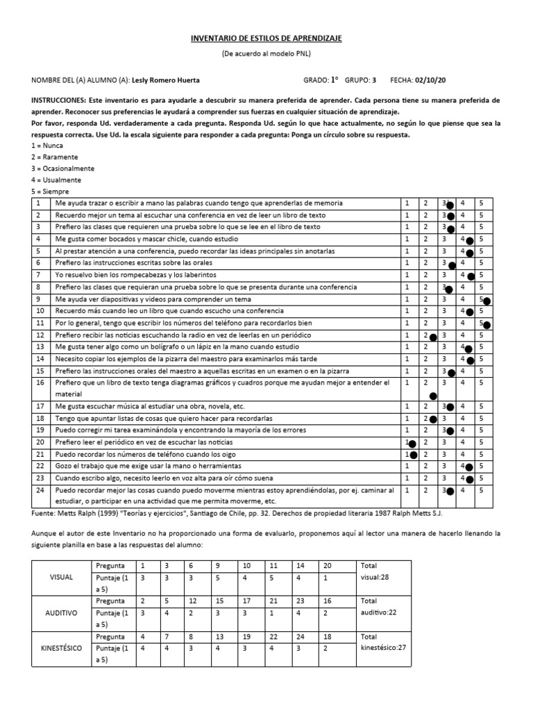 Inventario de Estilos de Aprendizaje PNL | PDF | Aprendizaje | Ciencia ...