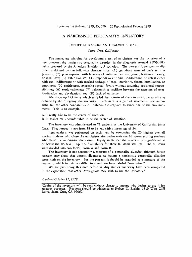 A NARCISSISTIC PERSONALITY INVENTORY | PDF | Dark Triad | Psychology