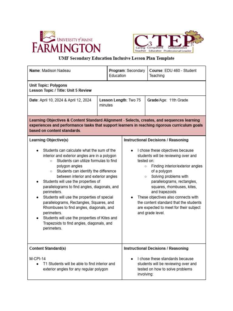Inclusive Lesson Plan for Polygons | PDF | Educational Assessment ...