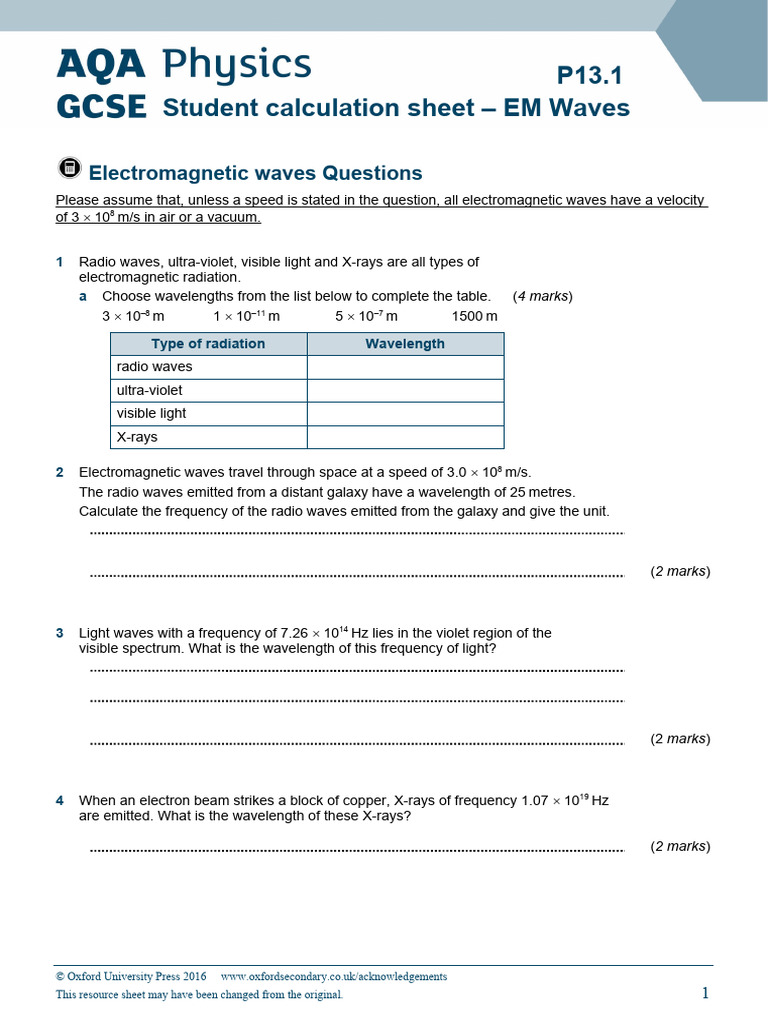 EM Waves Calculation Worksheet | PDF | Electromagnetic Spectrum ...