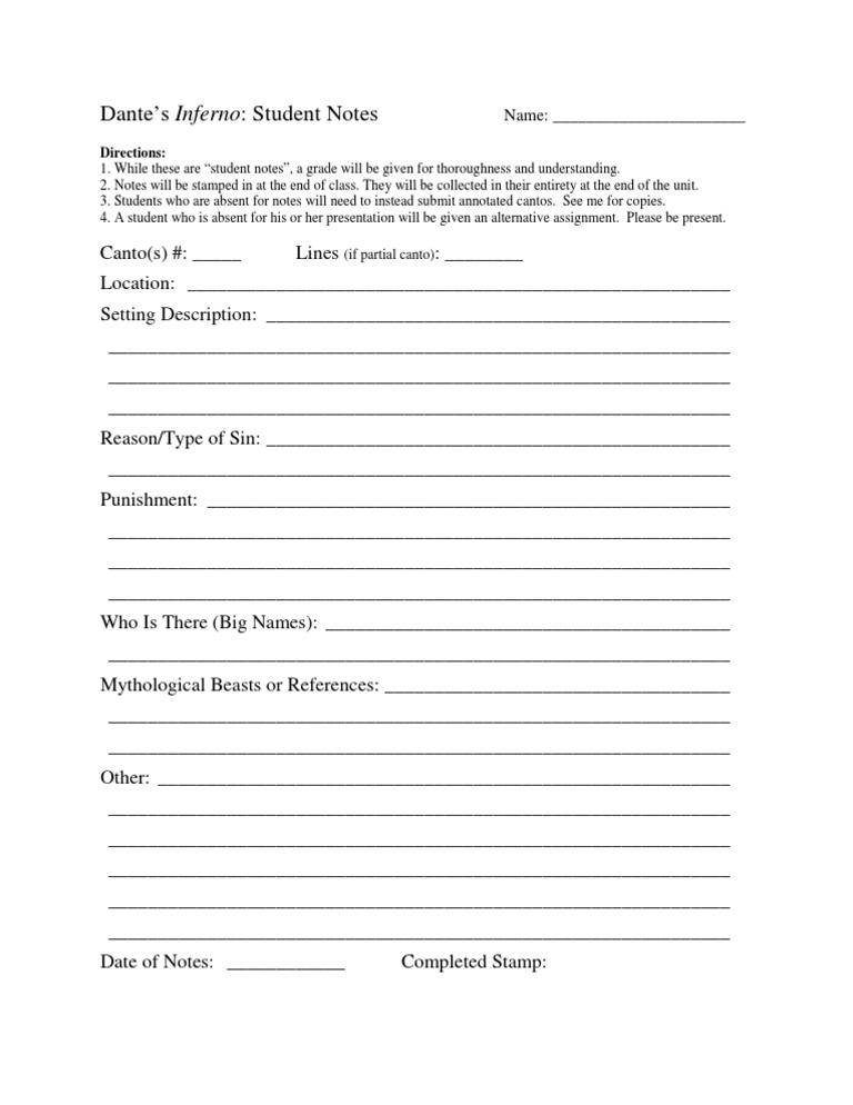 Dante’s Inferno Student Note Template | PDF | Language Arts & Discipline