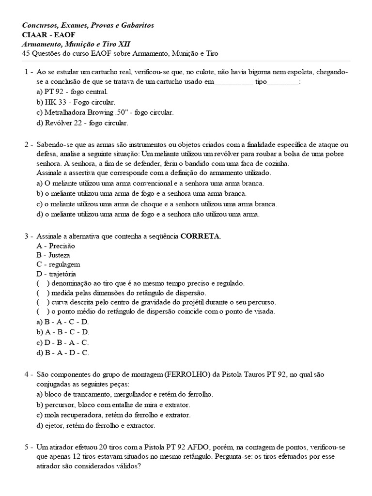 Questões sobre Armamento e Tiro | PDF | Munição | Carregador (armas de ...