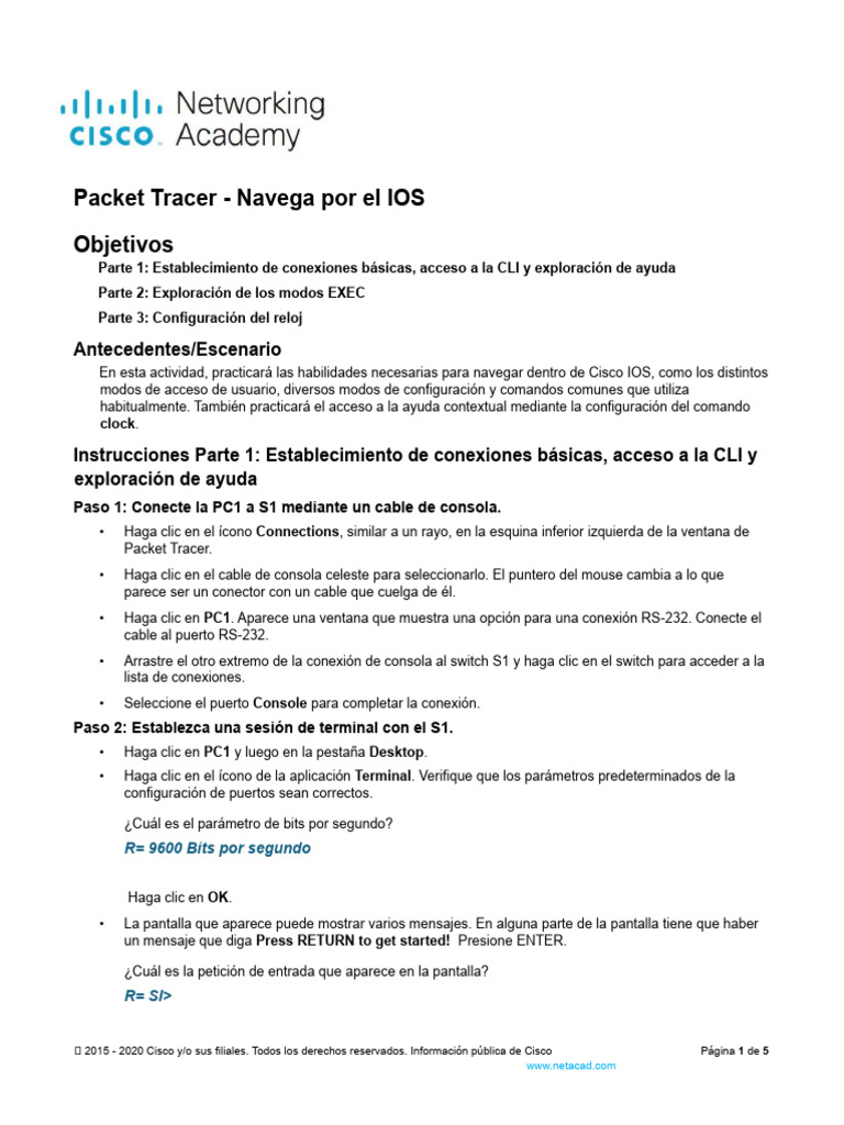 Navegación en Cisco IOS con Packet Tracer | PDF | Interfaz de línea de ...
