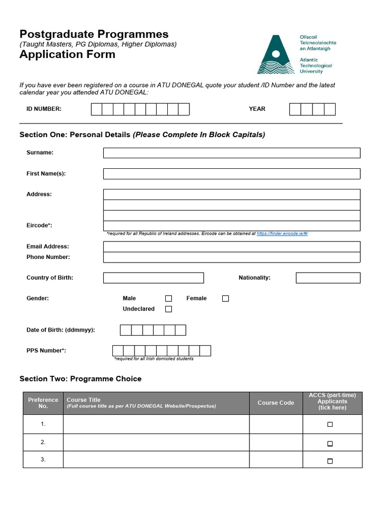 ATU Donegal Postgraduate Application Form | PDF | Postgraduate ...