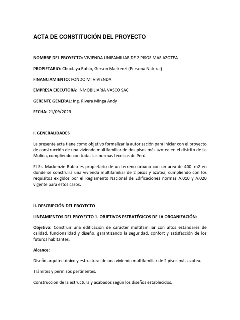 Acta de Constitución Del Proyecto | PDF | Calidad (comercial) | Presupuesto