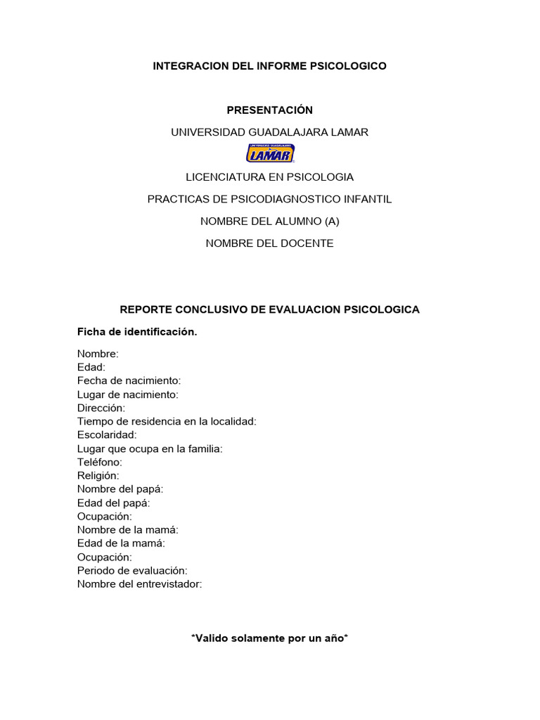 Informe de Evaluación Psicológica Infantil | PDF | Las emociones ...