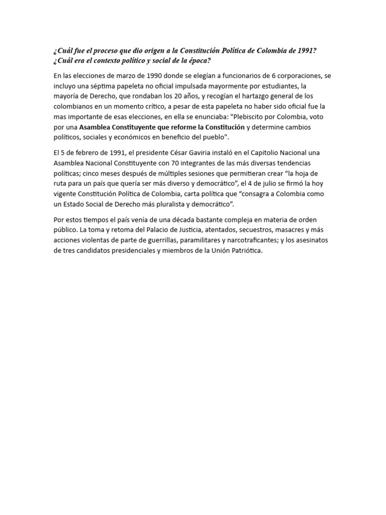 Origen de la Constitución de 1991 en Colombia | PDF