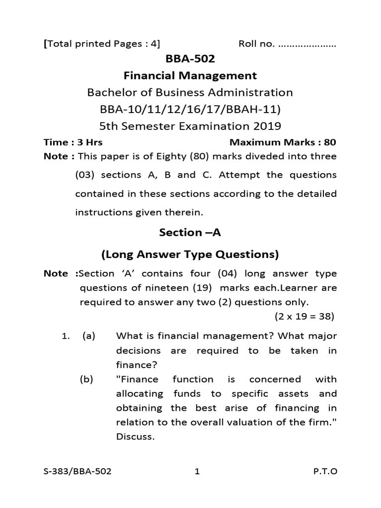 Financial Management Exam Paper BBA-502 | PDF | Private Sector | Economies