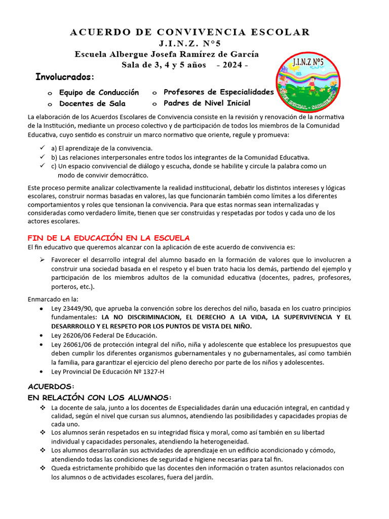 Acuerdo de Convivencia Escolar 2024 | PDF | Enseñando | Educación de la ...