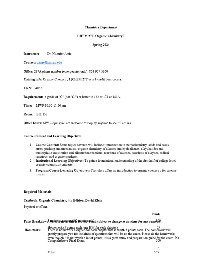 Organic Chemistry I Course Details Spring 2024 | PDF | Academic ...