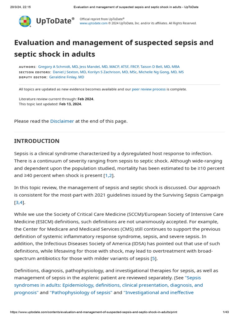 Evaluation and Management of Suspected Sepsis and Septic Shock in