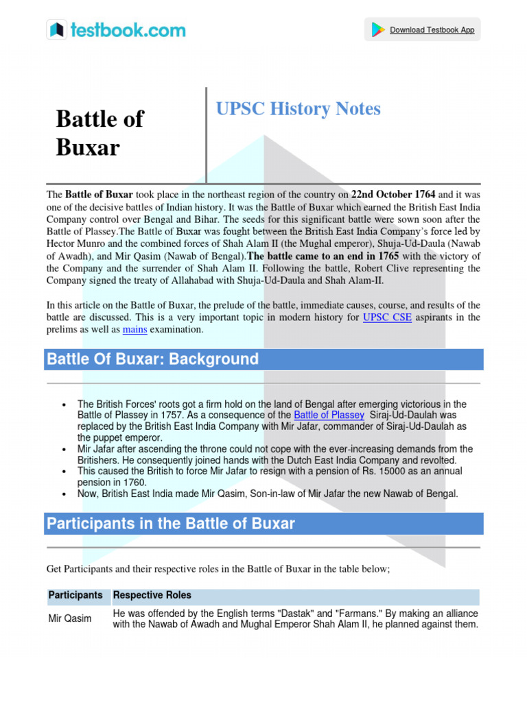Battle of Buxar: Causes and Outcomes | PDF | Mughal Empire | Bengal