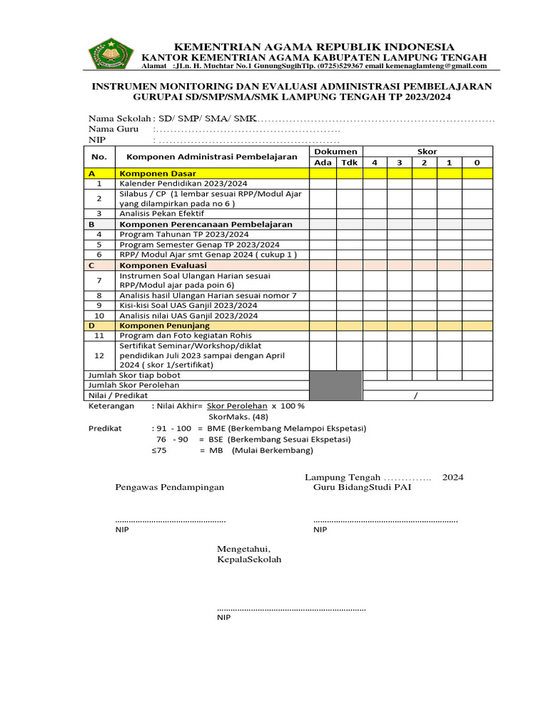 Monev Administrasi Pembelajaran PAI 2024 | PDF