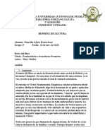 Reporte de lectura de libro de Frankenstein 