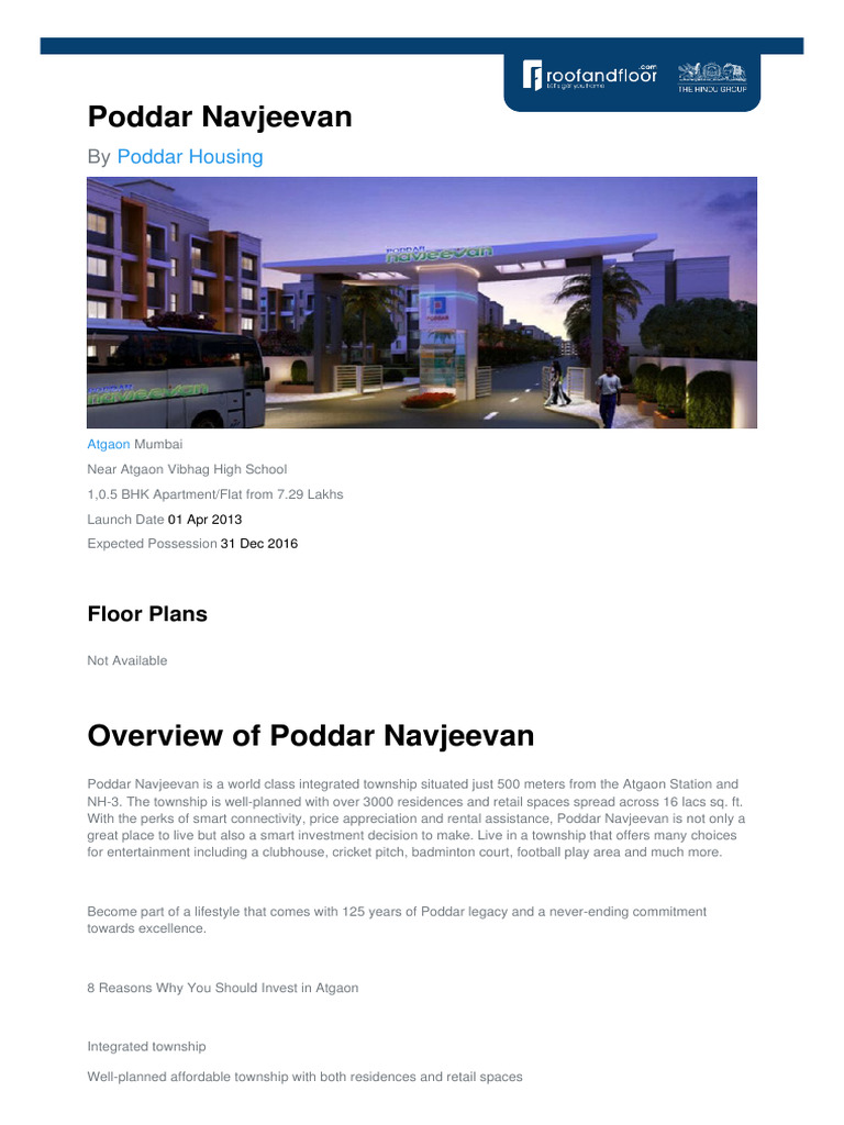 Poddar Navjeevan: Affordable Flats in Atgaon | PDF | Apartment
