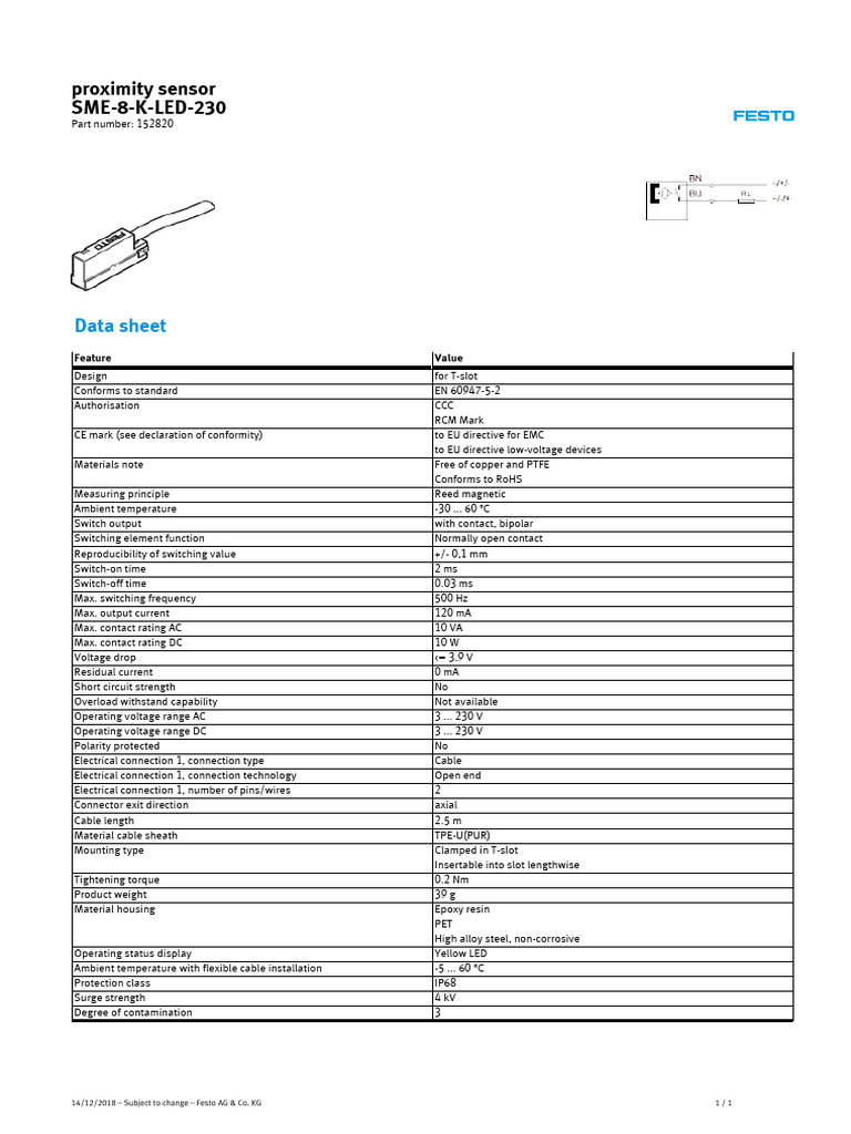 Proximity Sensor SME-8-K-LED-230: Data Sheet | PDF | Manufactured Goods ...