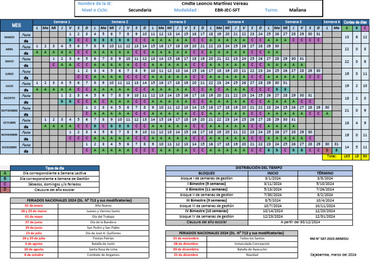 Calendario Escolar 2024 Secundaria EBR | PDF | Observancias