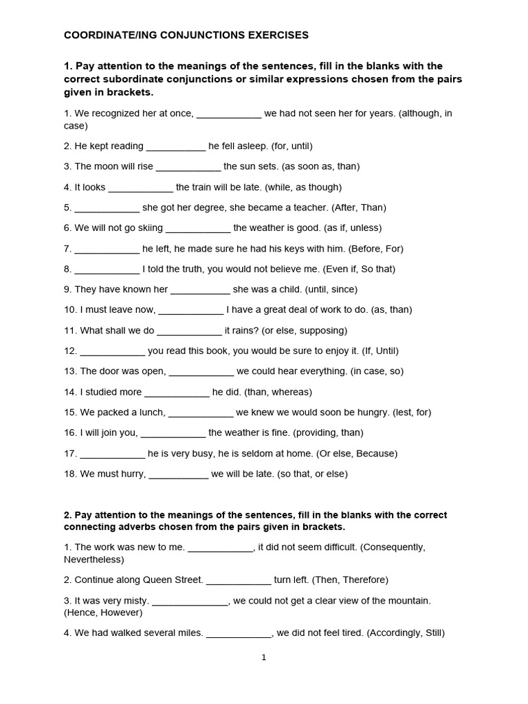 Conjunctions Exercises | Download Free PDF | Linguistics