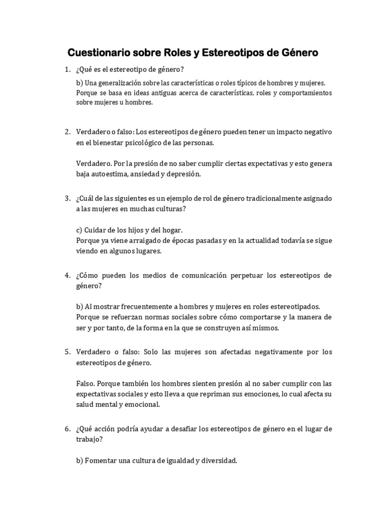 Cuestionario sobre Roles y Estereotipos de Género | PDF | Rol de género ...