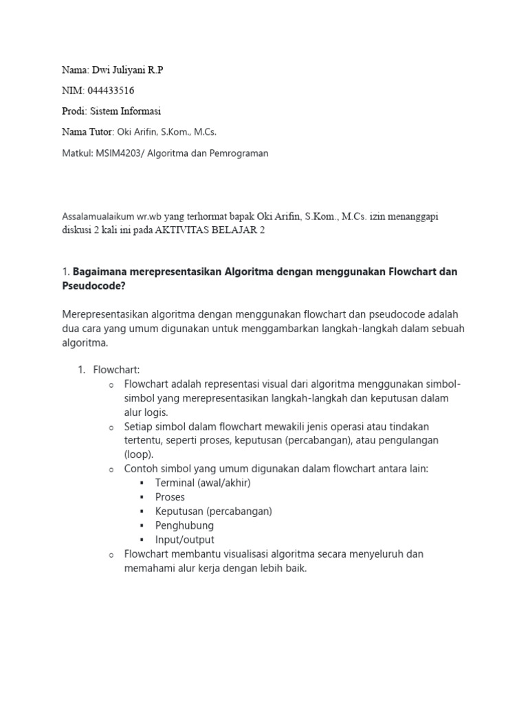 Representasi Algoritma: Flowchart & Pseudocode | PDF