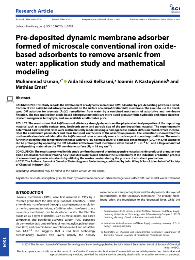 J of Chemical Tech Biotech - 2021 - Usman - Pre Deposited Dynamic ...