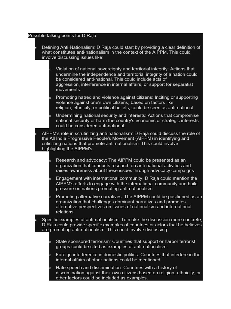 Possible Talking Points For D Raja | PDF | Nationalism | National Security